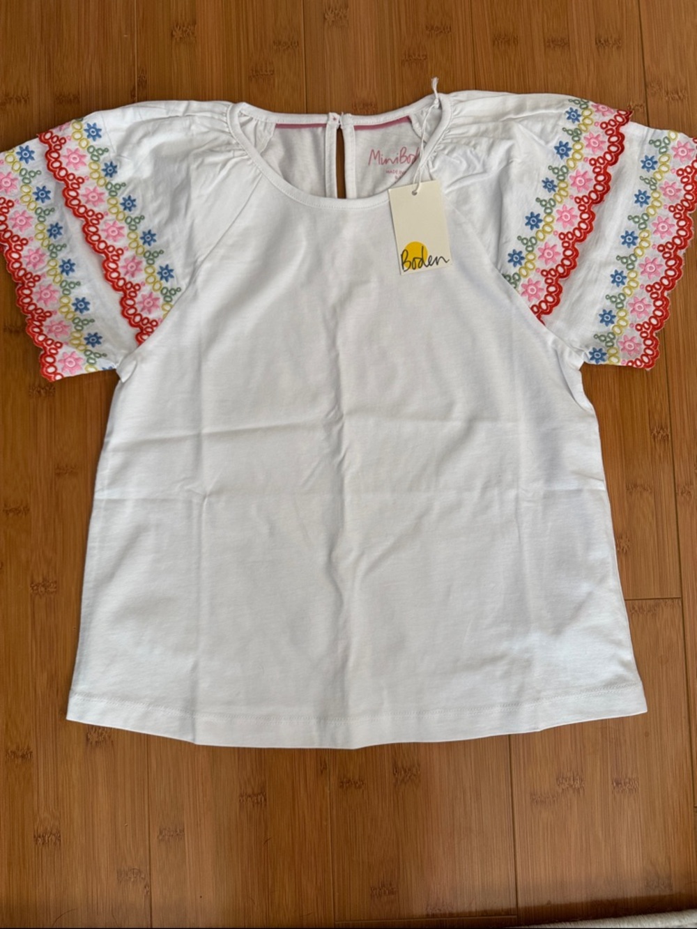 Boden White Top with Multicolor Embroidered Puff Sleeves